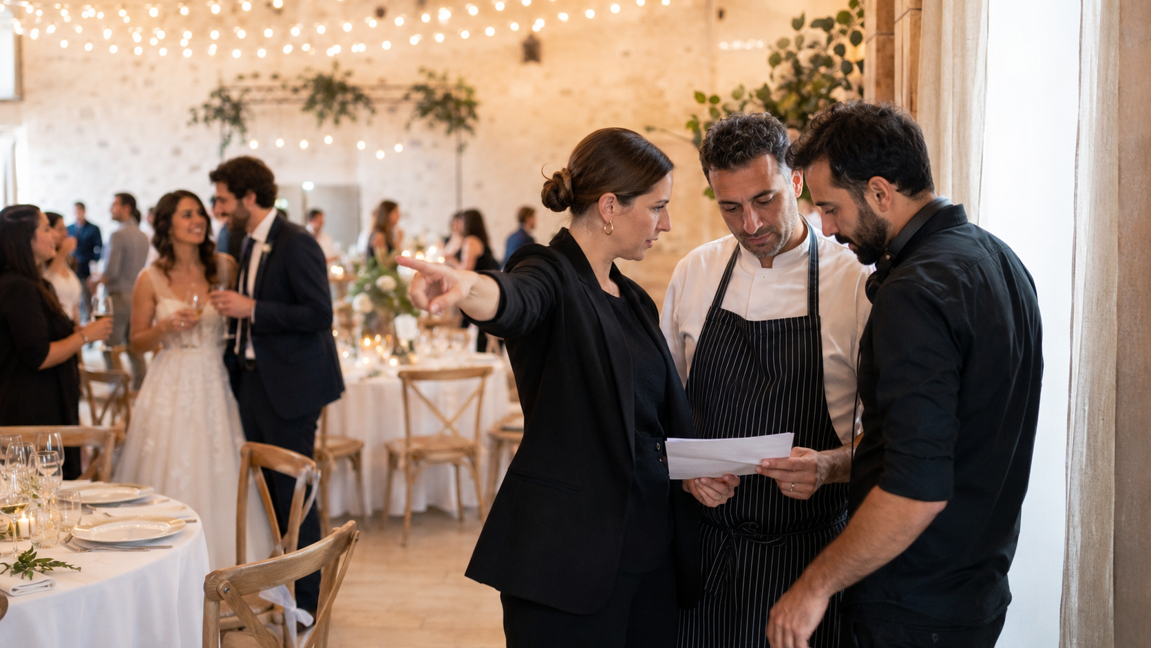 Une coordinatrice, un traiteur et un DJ ajustent discrètement le déroulé pendant que les mariés profitent de leurs invités