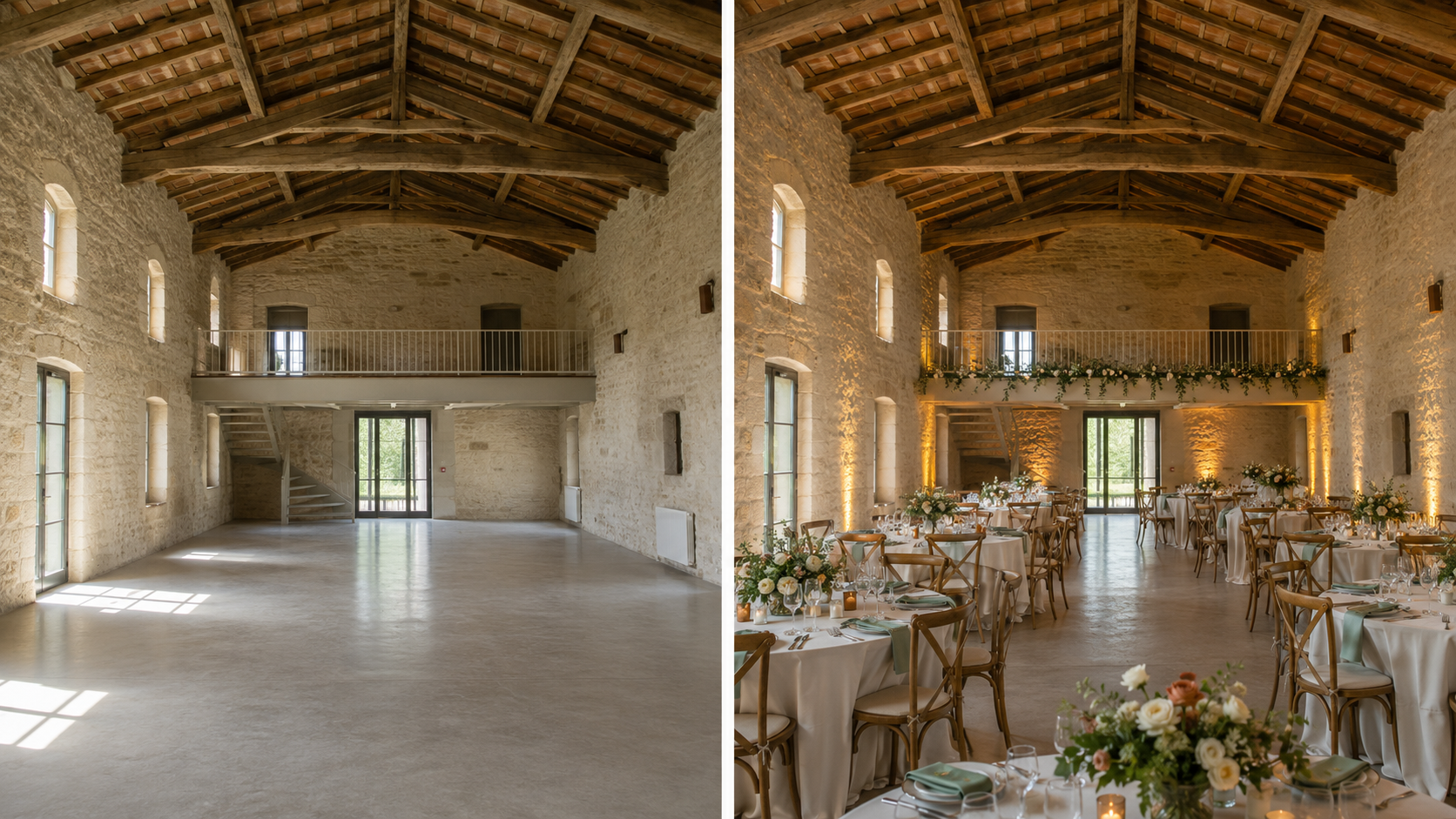 Comparaison photoréaliste de la même salle de réception vide puis décorée sans modifier son architecture