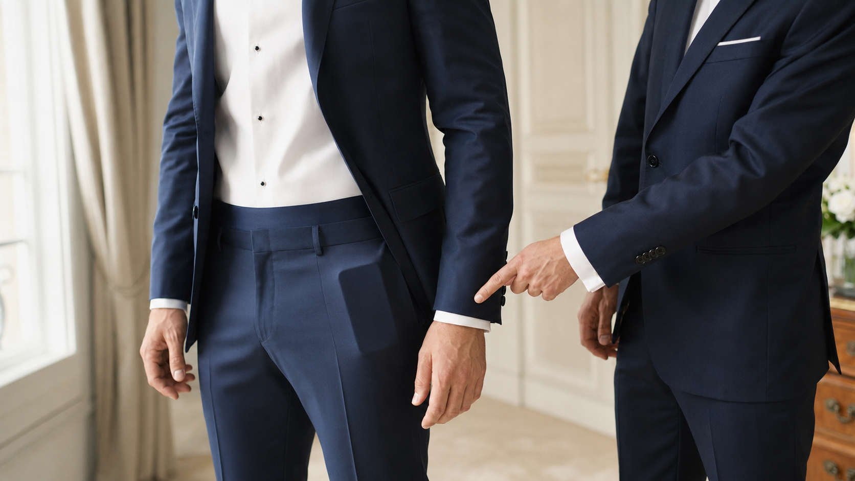 Un témoin fait remarquer au marié la forme visible de son téléphone dans la poche de son pantalon de costume